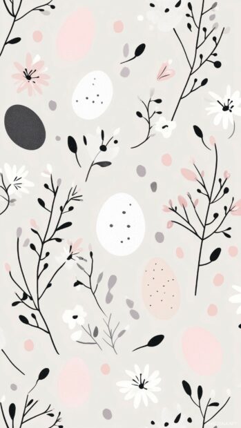 A minimalist Easter pattern with delicate flowers and pastel eggs, arranged vertically in a tile design.