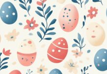 A minimalist Easter wallpaper for iPhone with delicate flowers and pastel eggs, arranged vertically in a tile design.