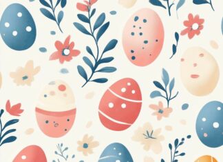 A minimalist Easter wallpaper for iPhone with delicate flowers and pastel eggs, arranged vertically in a tile design.