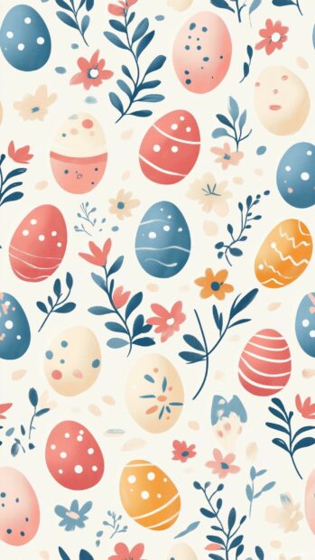 A minimalist Easter wallpaper for iPhone with delicate flowers and pastel eggs, arranged vertically in a tile design.