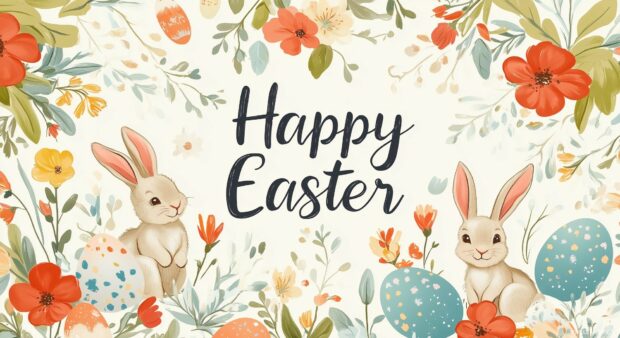 A minimalist Easter wallpaper with Happy Easter elegantly placed at the center, surrounded by soft light, gentle hues, and delicate Easter decorations.