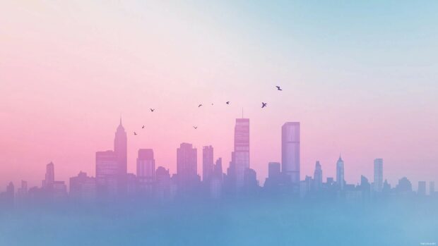 A minimalist anime cityscape 4K wallpaper with simple building silhouettes and soft pastel colors.