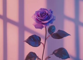 A minimalist composition showcasing a single purple rose against a blurred pastel background, highlighting its elegance.