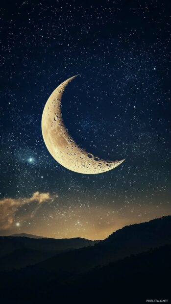 A minimalist crescent moon glowing softly in a smooth, gradient night sky with a subtle array of stars, 1080x1920 Background.