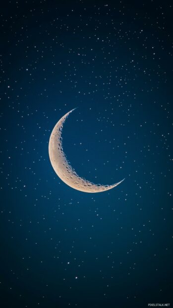 A minimalist crescent moon with delicate stars arranged symmetrically in a sleek night sky, iPhone wallpaper.