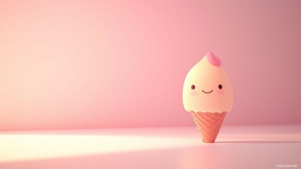 A minimalist design of a cute, pastel colored ice cream cone with a smiling face.