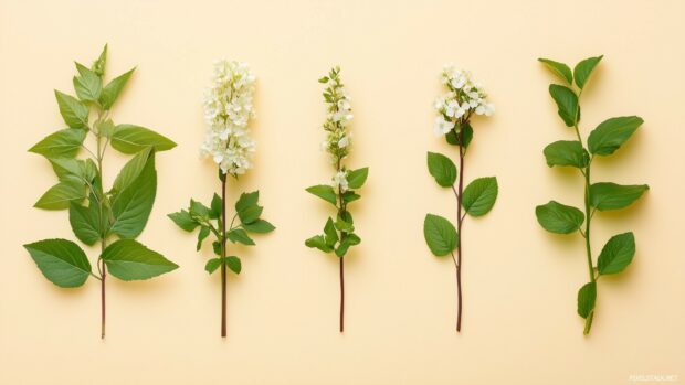 A minimalist flat lay of spring flowers and leaves.