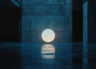 A minimalist glowing orb suspended in a dark, reflective room, creating a futuristic and tranquil ambiance.