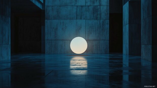 A minimalist glowing orb suspended in a dark, reflective room, creating a futuristic and tranquil ambiance.