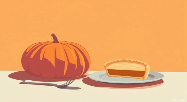 A minimalist illustration of a Thanksgiving table setting with a few key elements like a pumpkin and pie.