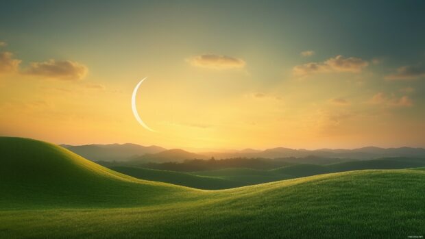 A minimalist landscape with both the sun and moon in the sky.