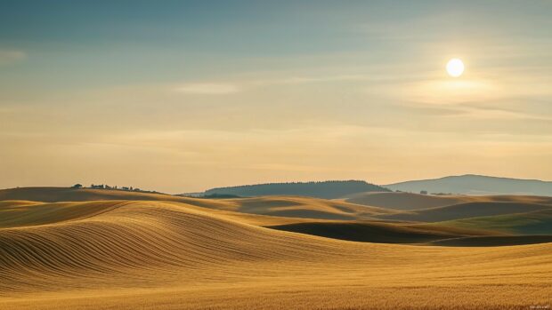 A minimalist landscape with both the sun and moon in the sky, casting gentle light on rolling hills.