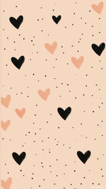 A minimalist pattern of small black hearts scattered across a muted pastel background.