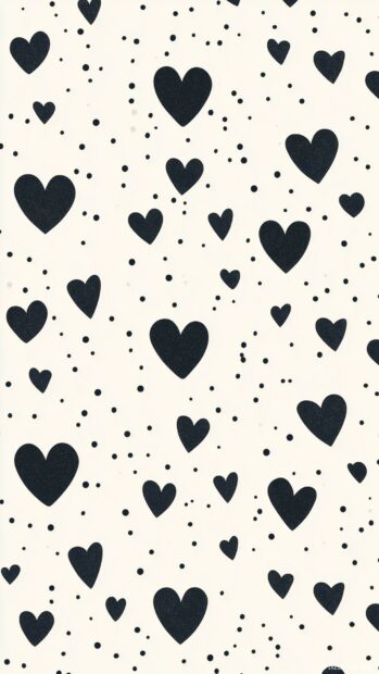 A minimalist pattern of small black hearts scattered across a pastel background.