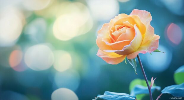 A minimalist photograph of a single yellow rose with a blurred wallpaper.