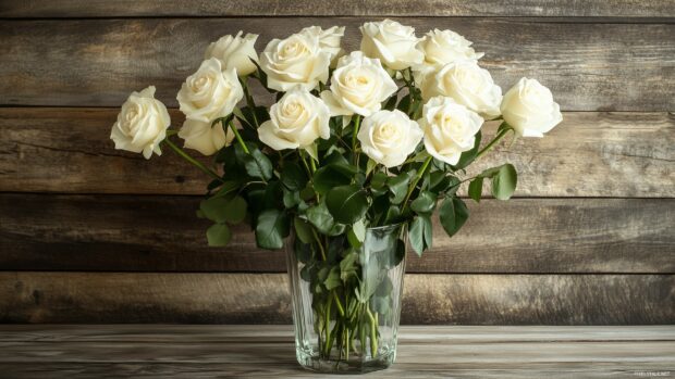 A minimalist shot of white roses arranged in a simple glass vase on a wooden table.