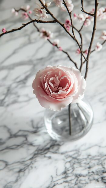 A minimalistic composition featuring a single pink rose in a glass vase on a marble countertop.