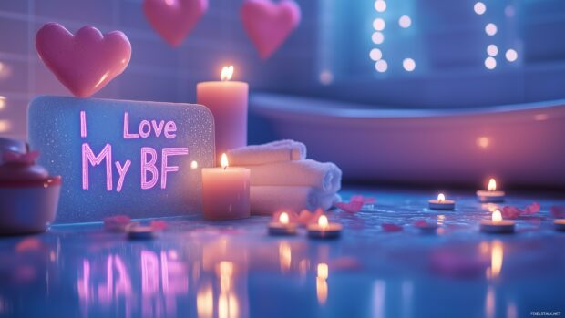 A minimalistic scene with I Love My BF written on a frosted mirror in a bathroom, with a soft, romantic glow from candles placed nearby.