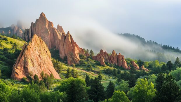 A misty morning in the Rocky Mountains 4K wallpaper with sunlight piercing through foggy valleys and highlighting rocky ridges.