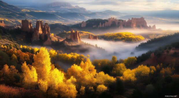 A misty morning in the Rocky Mountains, with sunlight piercing through foggy valleys.