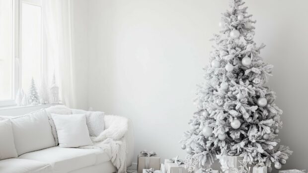 A modern Christmas living room with a monochrome color scheme.