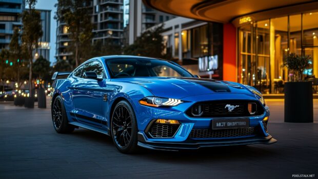 A modern Ford Mustang Mach 1 in dark blue, parked on a sleek urban street with city lights reflecting off its polished surface.