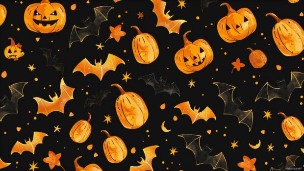 A modernized Halloween pattern  Bats and pumpkins featured.