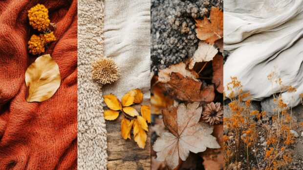 A mood board style collage of autumn textures with wool blankets, dried flowers, fallen leaves, and rustic wood.