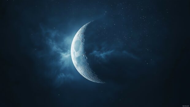 A moon with a smooth, glowing surface, framed by delicate wisps of clouds and subtle stars.