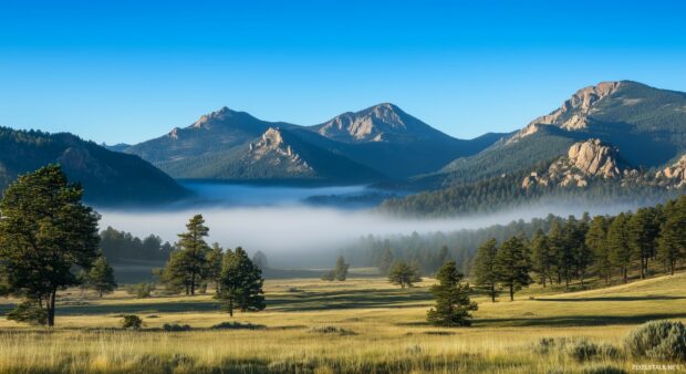 A morning in the Rocky Mountains, with sunlight piercing through foggy valleys and highlighting rocky ridges.