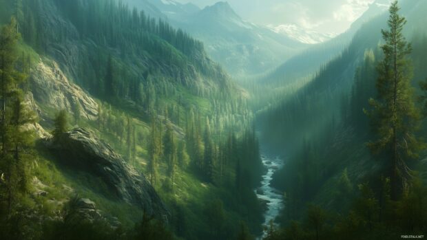 A mountain covered in lush green forests, with a crystal clear river winding through the valley below.