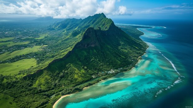 A mountain covered in lush green forests, with a crystal clear river winding through the valley below.