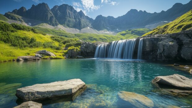 A mountain desktop wallpaper with cascading waterfalls flowing into a shimmering pool below.