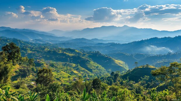 A mountain panorama with rolling hills, misty valleys, and sunlight breaking through the clouds.