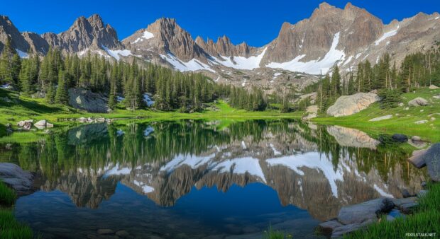 A mountain range reflected perfectly in the still waters of a pristine alpine lake.