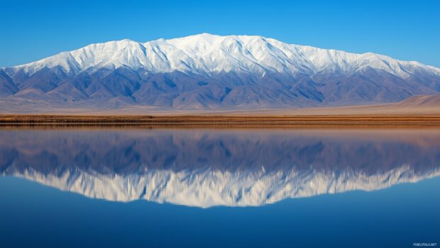 A mountain range reflected perfectly in the still waters of a pristine alpine lake.