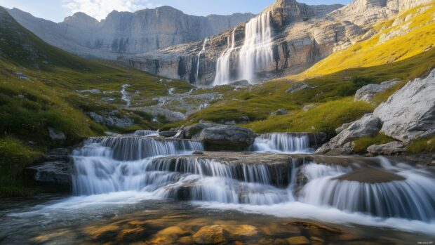 A mountain scene with cascading waterfalls flowing into a shimmering pool below.