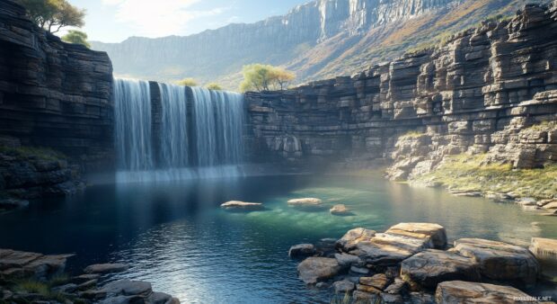 A mountain scene with cascading waterfalls flowing into a shimmering pool below.