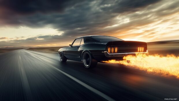 A muscle Car HD 1080p wallpaper with a roaring engine and flames coming out of the exhaust, racing down an empty highway at dusk.