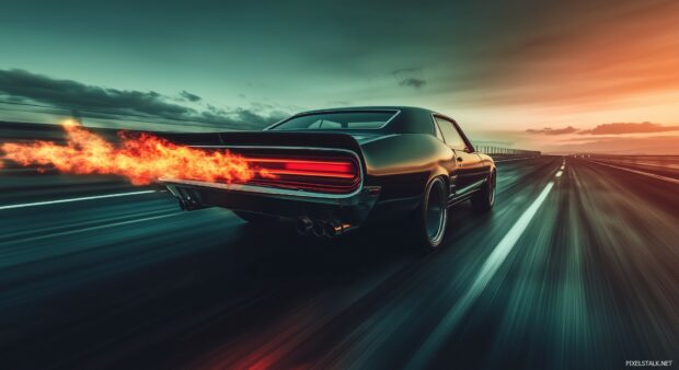 A muscle  HD Car Wallpaper with a roaring engine and flames coming out of the exhaust, racing down an empty highway at dusk.