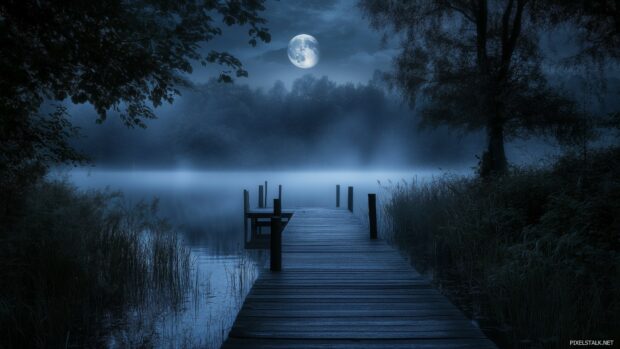 A mysterious, fog shrouded pier extending into a dark, quiet lake, with faint reflections of moonlight on the water.