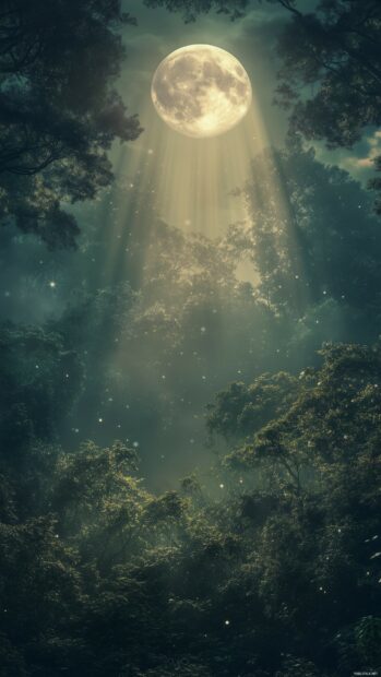 A mystical forest scene with a full moon hanging low in the sky, Moon Wallpaper iPhone.