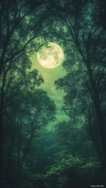 A mystical forest scene with a full moon hanging low in the sky, its light filtering through the dense tree canopy and illuminating the forest floor4.