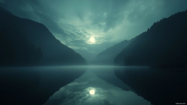 A mystical night sky with a full moon partially hidden behind wispy clouds.