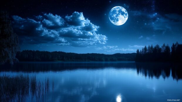 A mystical night sky with a full moon partially hidden behind wispy clouds, its light reflecting off a calm, glassy lake.