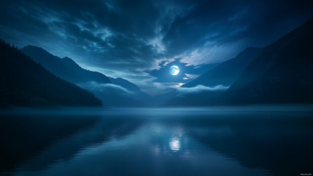 A mystical night sky with a full moon partially hidden behind wispy clouds, its light reflecting off a calm, glassy lake and creating a serene atmosphere.