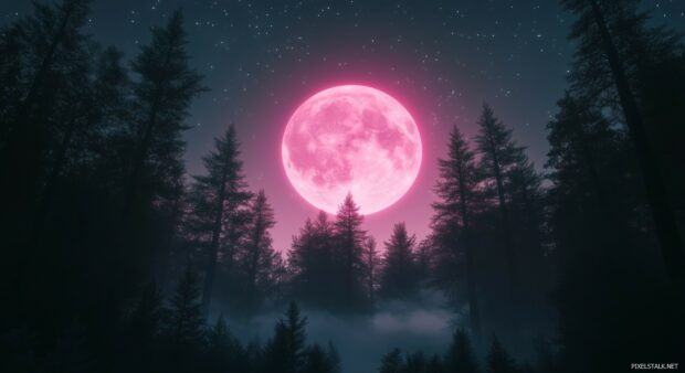 A mystical pink moon rising over a dense forest.