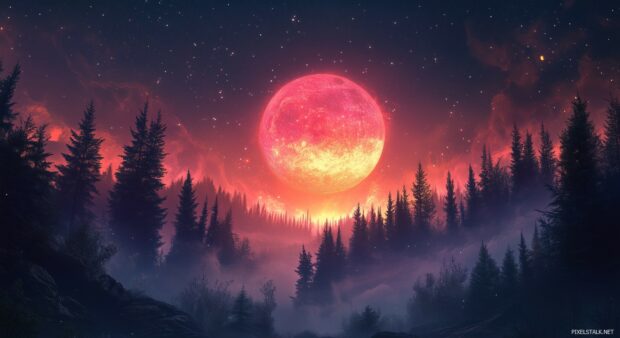 A mystical pink moon rising over a dense forest, casting a magical glow through the trees.