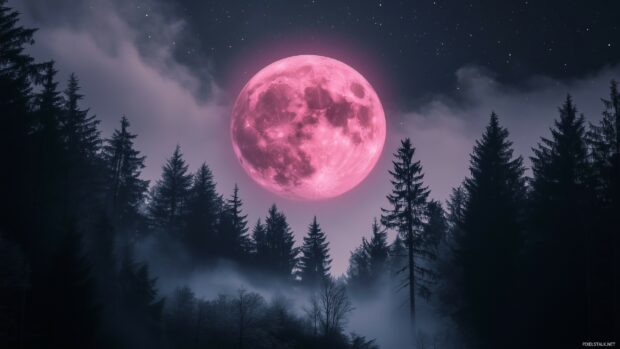 A mystical pink moon rising over a dense forest, casting a magical glow through the trees and illuminating the mist in the air, with a sky full of scattered stars.