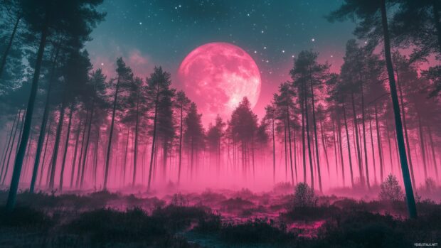 A mystical pink moon rising over a dense forest, casting a magical glow through the trees and illuminating the mist in the air, with a sky full of scattered stars.